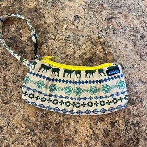 Kavu Blue and Green Patterned Wristlet with Yellow Zipper